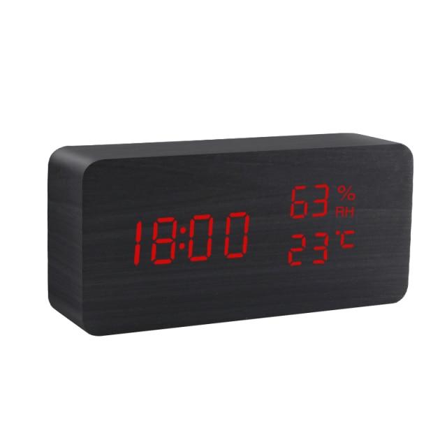 Modern Wooden LED Alarm Clock with Temperature, Humidity Display & Triple Alarm Settings