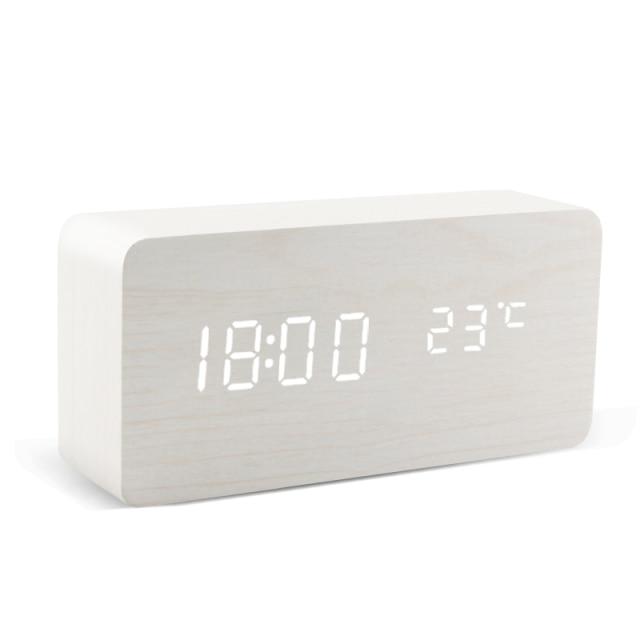 Modern Wooden LED Alarm Clock with Temperature, Humidity Display & Triple Alarm Settings