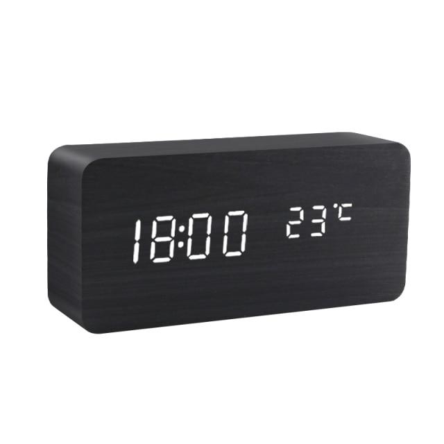 Modern Wooden LED Alarm Clock with Temperature, Humidity Display & Triple Alarm Settings
