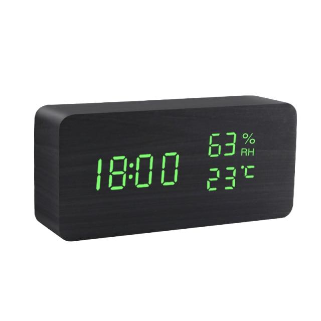 Modern Wooden LED Alarm Clock with Temperature, Humidity Display & Triple Alarm Settings
