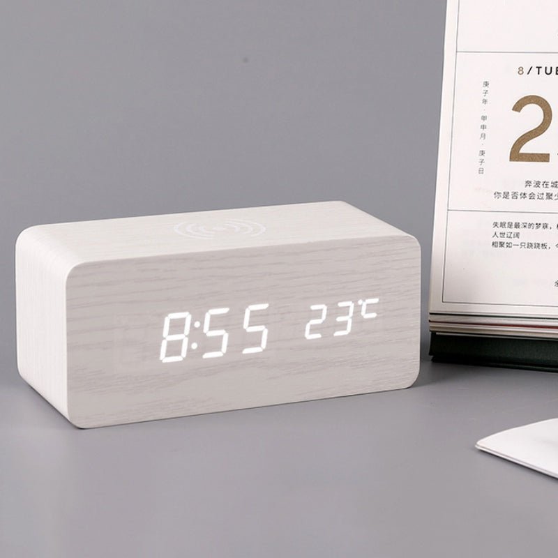 Wooden LED Digital Alarm Clock with Wireless Charging & Voice Control