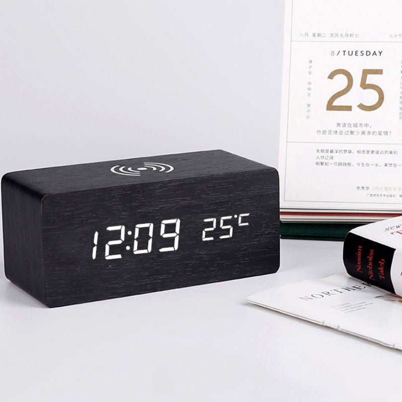 Wooden LED Digital Alarm Clock with Wireless Charging & Voice Control